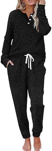 WIHOLL Two Piece Outfits for Women Lounge Sets Button Down Sweatshirt Sweatpants Sweatsuits Set with Pockets, Large