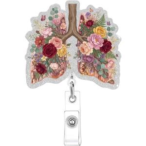 Respiratory Badge Reel Floral Lungs Retractable Badge Reel with Alligator Clip Respiratory Therapist Accessories Respiratory Therapist ID Name Card Gifts for Pulmonology Doctor and Nurse