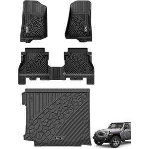 3W Floor Mats&Cargo Liner Compatible for Jeep Wrangler JL 2018-2024 2025 Unlimited 4-Door with Subwoofer (Non JK or 4XE) All-Weather TPE Floor Liner for 1st, 2nd Row and Trunk Full Set Car Mats,Black