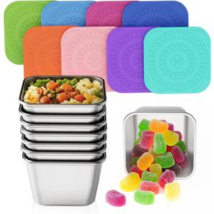 Set of 8 Stainless Steel Snack Containers for Kids and Toddler;Snackle Box Container;Leak Proof Stackable Small Metal Food Containers with Silicone Lids