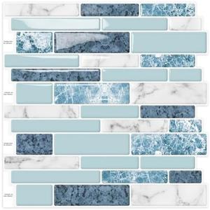 DEWOO Peel and Stick on Self Adhesive Backsplash Wall Marble Tiles Stickers 3D for Kitchen Bathroom,Spliced Blue (10-Sheet, 12"×12")