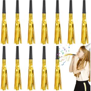 12 Pcs Glitter Noise Makers Metallic Fringed Party Blower for Adults Birthday Graduation New Years Party Favors Supplies (Gold)