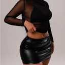 RoseSeek Women's Long Sleeve Mesh Tops Ruched Crew Neck See Through Tight T Shirts (Black, S)