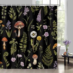 Bonhause Mushroom Floral Shower Curtain, Retro Forest Fern Plant Spring Botanical Bathroom Decor 72 x 72 Inch Polyester Fabric Waterproof Bath Curtain with 12 Hooks