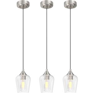 VONLUCE Pendant Lights Kitchen Island, Brushed Nickel Pendant Light Fixtures with E26 Base & Adjustable Cable, Modern Pendant Lighting with Glass Shade for Living Room Bedroom Hallway, 3 Packs