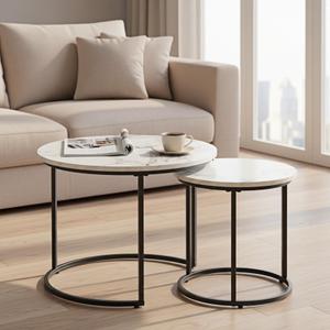 Round Nesting Coffee Table Set of 2, Modern Marble Pattern Wooden Nesting Tables, Stacking Minimalist End Table for Living Room Bedroom Small Space, White and Black