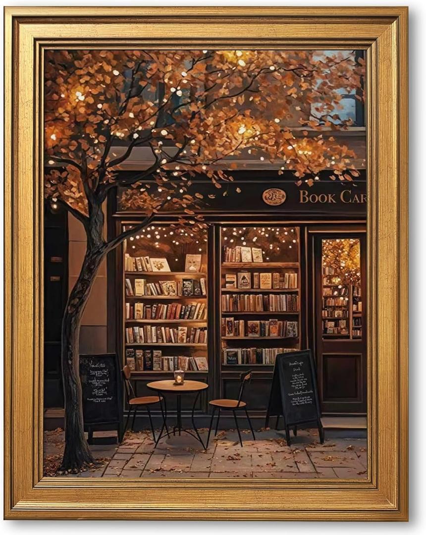 Ripiyome Autumn Coffee Shop Canvas Print Poster Moody Bookstore Wall Art Cozy Cafe Fall Artwork Aesthetic Painting for Book Lovers Thanksgiving Decor Living Room Reading Nook 12x16inch Golden Frame