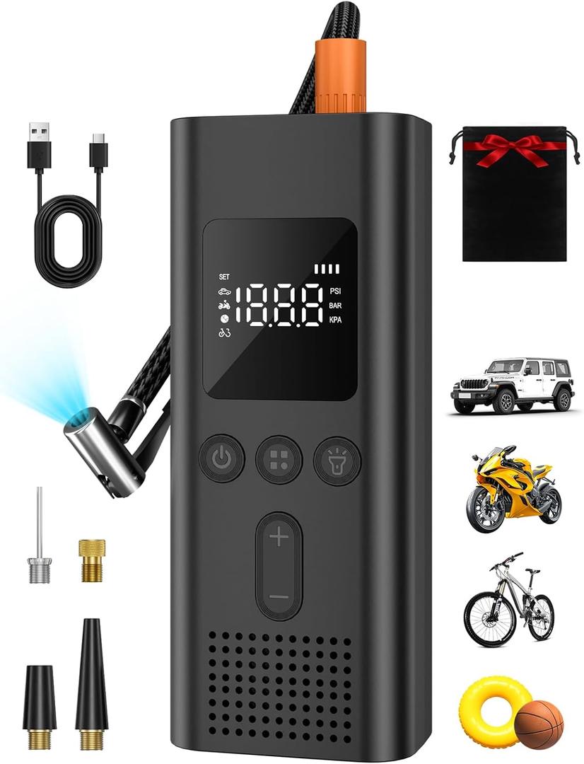 Tire Inflator Portable Air Compressor, 150 PSI Fast Inflation Cordless Air Pump with LED Light, Auto Shut-Off, Rechargeable Battery for Car, Motorcycle, Bike, and Sports Balls