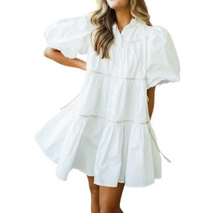 Women's Chic Puff Sleeve Oversized Mini Shirt Dress with Pockets (White), Small 