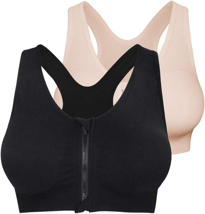 Fapreit Women's Zip Front Closure Sports Bra - Seamless Wirefree Post Surgery Padded Racerback Workout Gym Yoga Bras (4X-Large, Black+beige)
