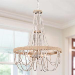 Farmhouse Wood Beaded Chandelier, 4-Light Boho Chandeliers Hanging Light Fixture with Hemp Ropes for Dining Room, Living Room, Bedrooms
