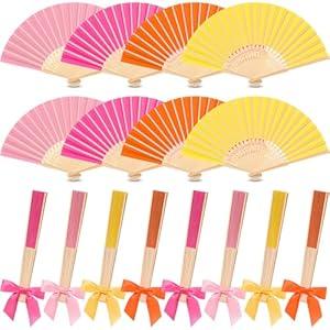 Beeveer 24 Pcs Paper Folding Hand Fans Bulk, 8.3 Inch Handheld Bamboo Multicolored Paper Fans with 3.3 Inch Premade Twist Tie Bows for Summer Party Favors Wedding Gift DIY Decoration