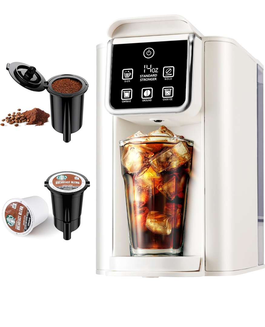 Hot & Iced Coffee Maker with Bold Setting, Single Serve Coffee Maker for K Cup and Grounds, 6-14 oz Brew Sizes, 50 oz Removable Water Tank, One Cup Coffee Machine with Reusable Filter, White