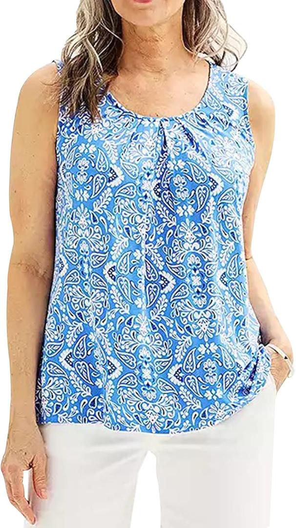 SUNNOW Women's Printed Pleated Tank Top Sleeveless V-Neck Blouse Casual Summer Loose Fit Tunic T-Shirt (Blue, L)