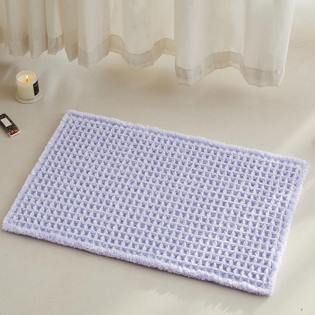 Waffle Bath Mat, Boho Bathroom Rugs Non Slip Washable Super Absorbent Quick Dry Cute Bath Mat Farmhouse Bathroom Decor, 24''x16'' Lavender Cream