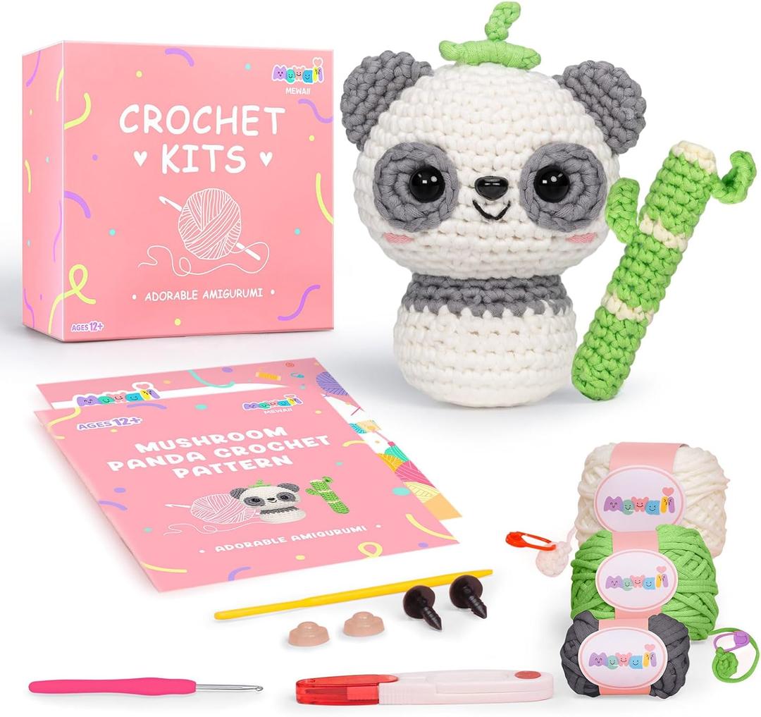 Mewaii Crochet Kit for Beginners Level 2 with 40% Extra Eco-Friendly Pre-Started Easy Yarn, Step-by-Step Video Tutorials for Adults and Kids (Mushroom Panda) 
