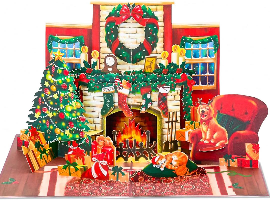 POPWOW Christmas Fireplace Pop Up Card, Cat and Dog, Xmas Tree, Wreath, Garland, 3D Greeting Card, Gift for Cat and Dog Person, Family, 5x7 - Includes Envelope And Message Note