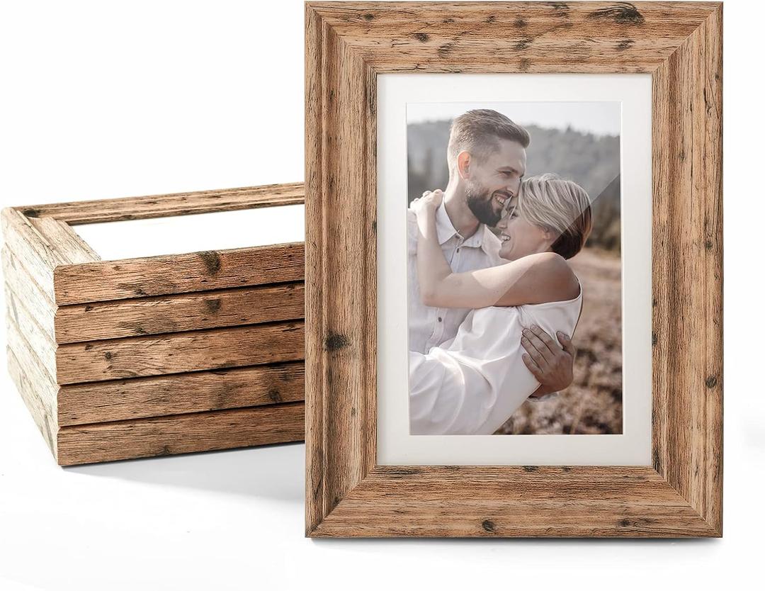 TWING 5x7 Picture Frames Set of 6, Rustic Picture Frame 4x6 with Mat or 5X7 Without Mat, Tabletop Display Wall Mounting Collage Photo Frames Brown Walnut Wood Pattern