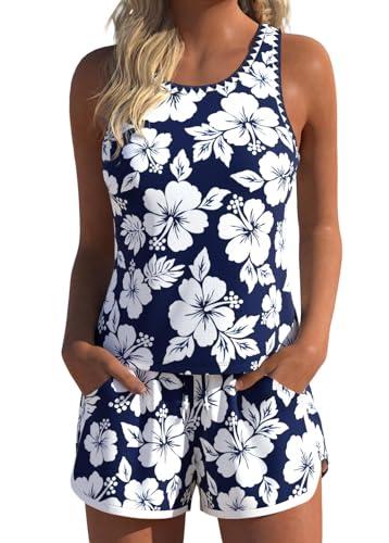 MODLILY Modest Coverage Womens Tankini Swimsuits with Pocket, Bathing Suits Contrast Binding Tank Top with Board Shorts Navy, Large