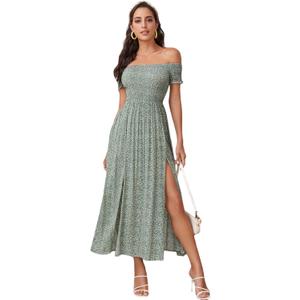Floerns Women's Boho Floral Print Off Shoulder Split Long A Line Dress (Green/White)