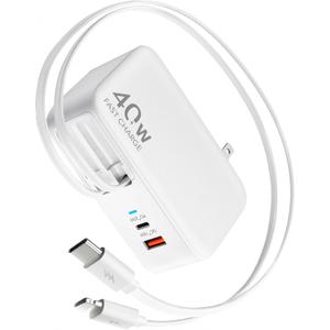 4in1 Retractable Gan Wall Charger Plug for iPhone 17 USB C, Travel Essentials Brick Multiport,3ft Lightening+ Type C Cables,40W Fast Charging Foldable Block for iPhone 17 Pro/16/15/14/13,iPad,Galaxy