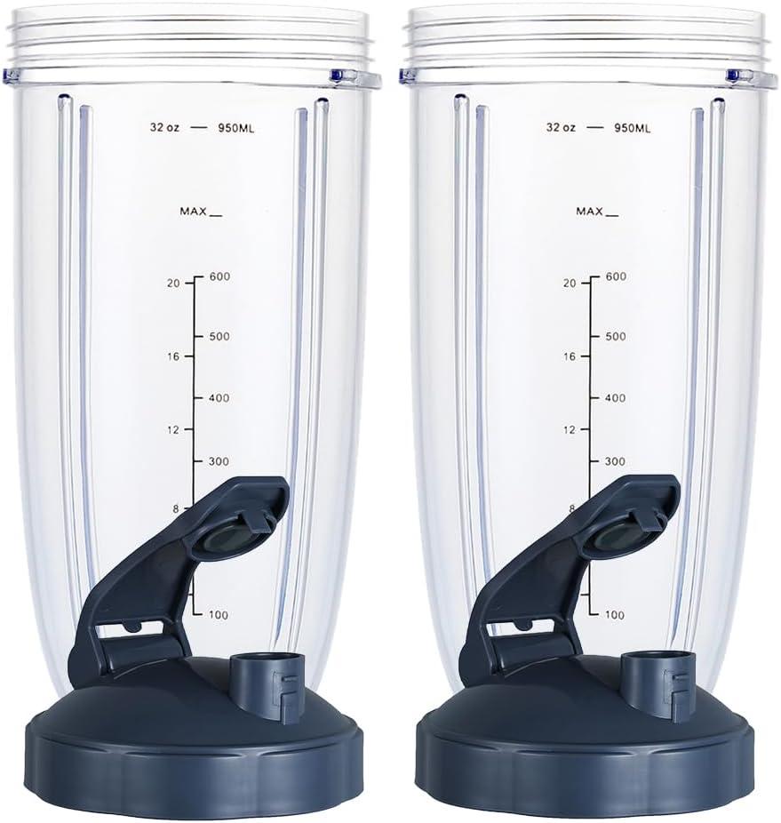 Upgrade Blender Cups Fit for Nutribullet 600w/900w, Replacement Parts 32oz Cups with Flip-Top To-Go-Lids, Blender Accessories (2 Pack)