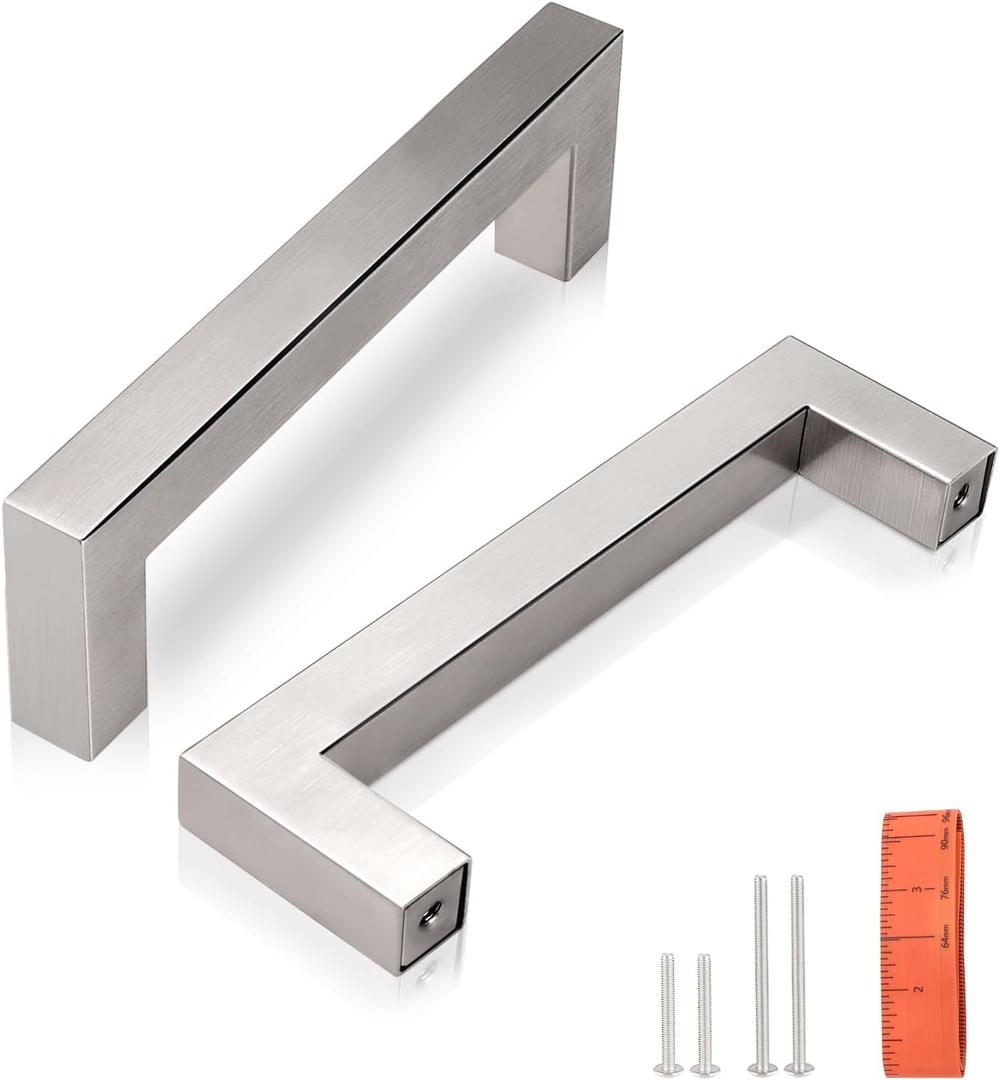 KNOBWELL 30 Pack 3-3/4 in Kitchen Cabinet Handles Brushed Nickel, Satin Stainless Steel Dresser Drawer Pulls, Square Vanity Cupboard Handles, Overall Length 4-1/5"