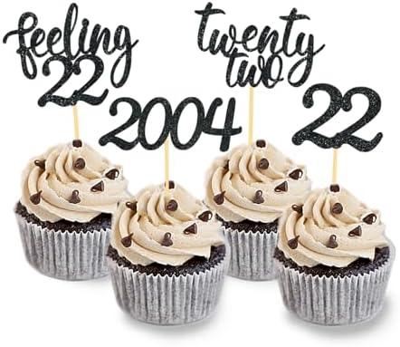24pcs Feeling 22 Cupcake Toppers, Twenty Two Birthday Cake Decorations, Cheer to 22 Years Old Theme Party Decoration Supplies (Black)