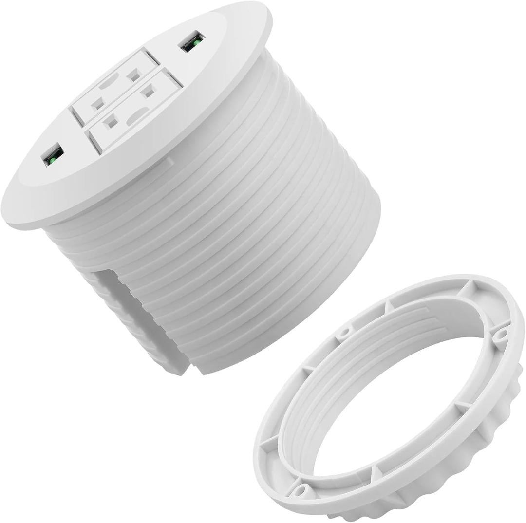 3 inch Desk Power Grommet, White USB Grommet with Green Port, Desk Hole Round Grommet Outlets with 2 AC Outlets and 2 USB Ports 6.5FT Heavy Duty Power Cord
