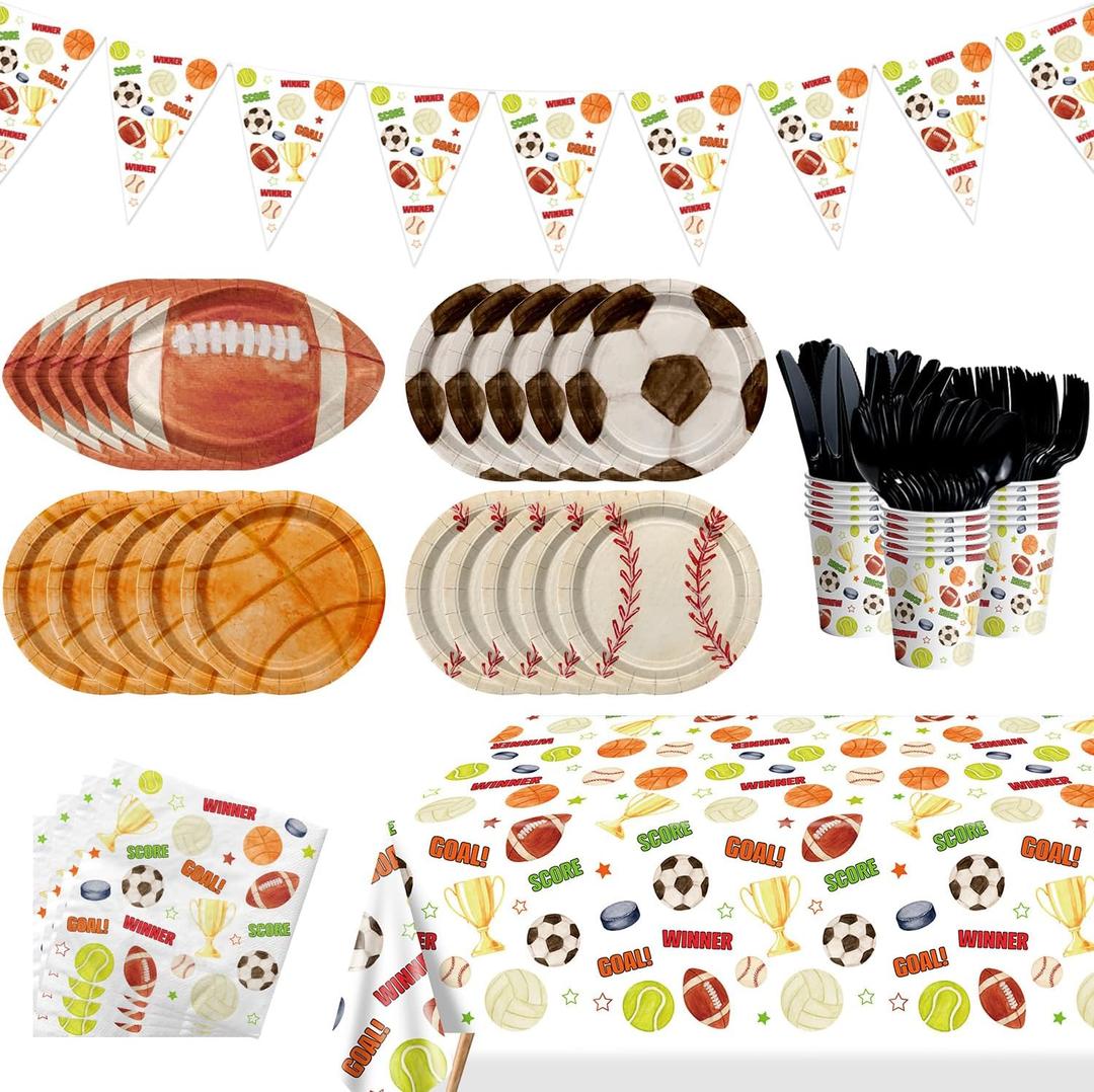 Sports Birthday Party Decorations - Sports Theme Plates, Napkins, Cups, Banners, Tablecloth Tableware Kit Basketball Football Baseball Soccer Serves 20 Guests for Birthday Party
