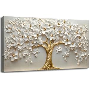 Large Living Tree Room Canvas Wall Art Abstract Tree of Life Decor painting Pictures Nordic Gold White Flowers Poster Prints for Bathroom Bedroom Office Hallway Home Decoration, 48"L x 24"W