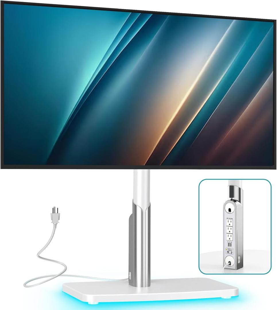 Universal TV Stand Tabletop TV Mount with Power Outlet for 50-90 Inch OLED LED Monitors, 9 Levels Height Adjustment, Ambient Lighting on The Bottom Holds up to 150lbs, White Max Vesa 600x400mm