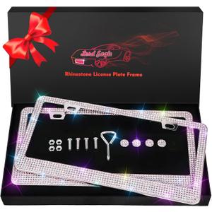 [2 Pack] AB Bling License Plate Frames - 1200+ Hand-Set Iridescent Rainbow Crystals - Rust-Proof Stainless Steel, 100% Street Legal - Girly Car Accessories Gifts for Women (Placas de Carro Mujer)
