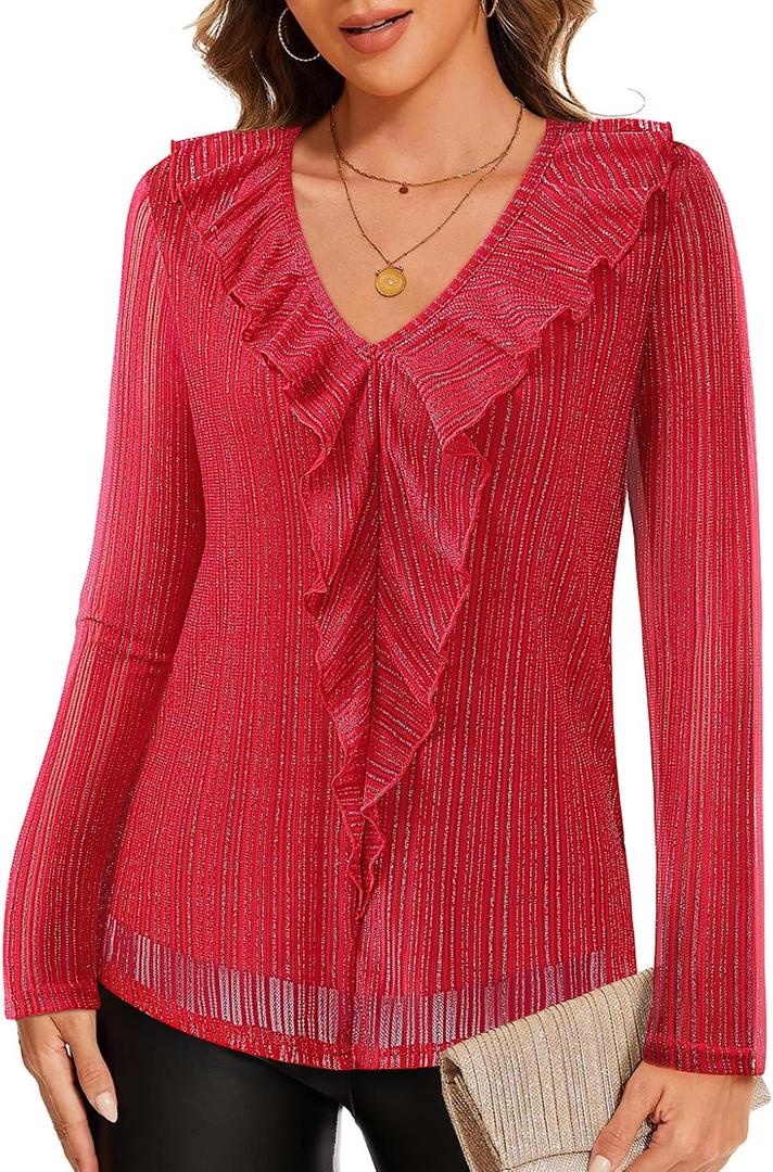 Gaharu Women's Dressy Blouses Long Sleeve Ruffle Shirts Casual Loose Fit Mesh Double Layers Flowy Tunic Tops (Red)