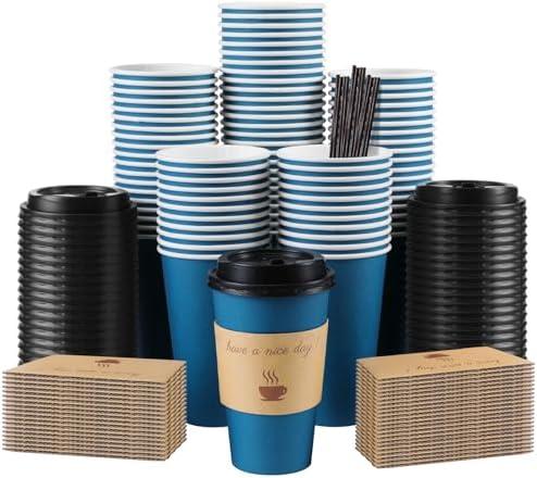 Clawsoff 100 Pack 16 oz Coffee Cups with Lids, Disposable To Go Paper Coffee Cups with Sleeves and Stirring Sticks for Hot/Cold Drinks Office Home Shop Event (Navy)
