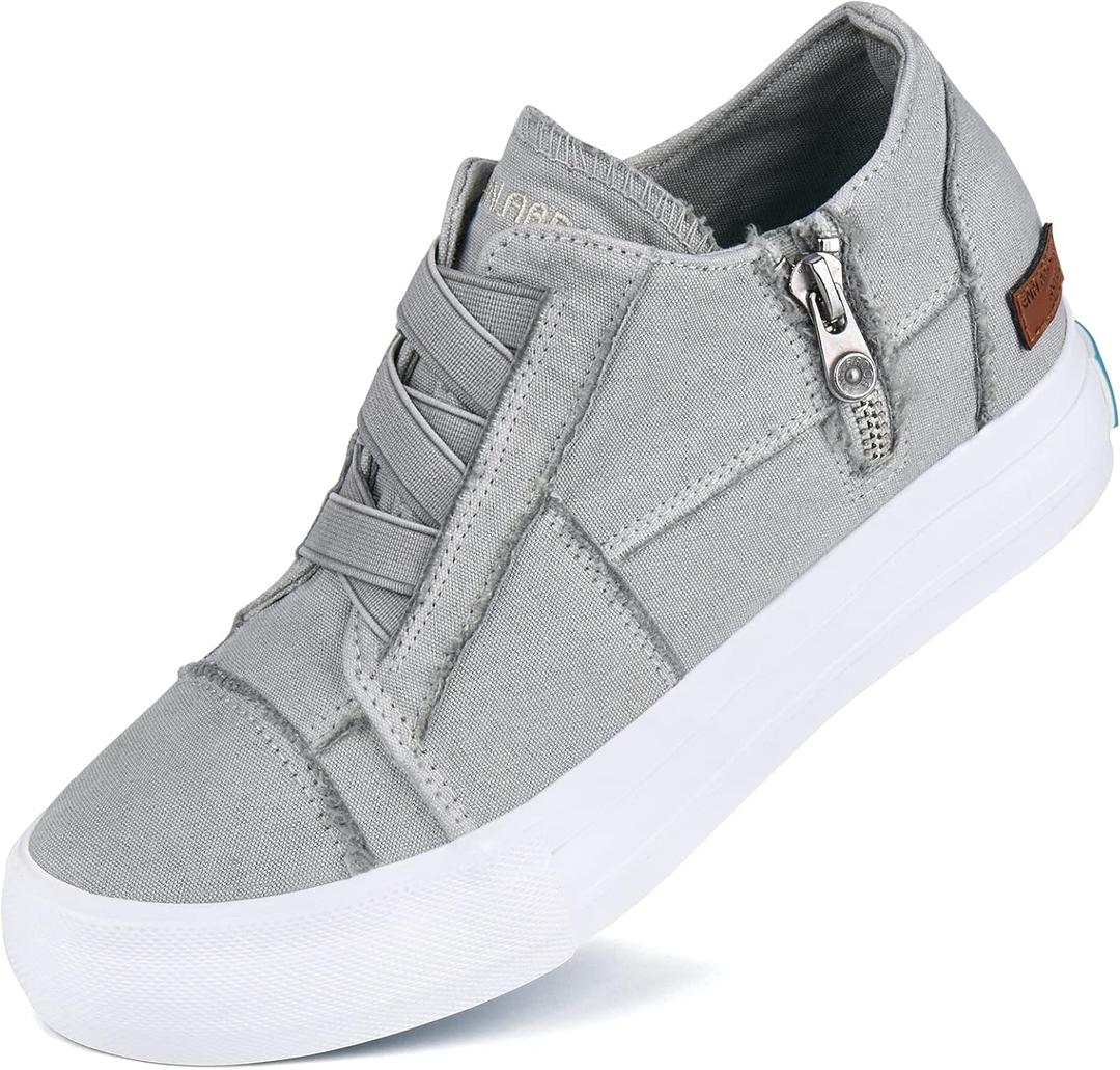 JENN ARDOR Wedge Sneakers for Women Fashion Canvas Shoes Casual Platform Hidden Heel Womens Slip On Sneaker Non Slip Side Zipper (6.5, Light Grey)