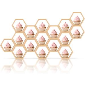 Huwena 16 Pcs Mini Honeycomb Cupcake Stand Wooden Hexagon Cake Display Holder Farmhouse Hexagonal Floating Table Sign for Baby Shower Birthday Party(Wood Color)