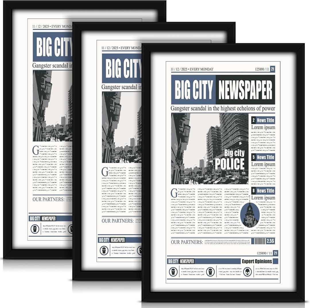 3 Pcs 11x22 in Newspaper Frame With Mat - Assorted Media Article Cover With Hanging Hardware - 14x24 in Display Poster for Wall Decoration (White Mat)
