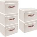TYEERS Foldable Storage Boxes with Lids 5 Pack Fabric Storage Bins with Lids, Closet Organizers for Clothes Storage, Room Organization, Office Storage, Toys - Beige (5-pcs 14.9x9.8x9.8 in)