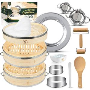 UPGRADED Bamboo Steamer Basket 10-Inch 2-Tier with handle|1x Stainless Steel Ring|2x Chopsticks|50x Perforated Liners|1x Sauce bowl| Easy to clean|Dumpling Steamer Baskets for Cooking Rice & Vegetable (Full Set [10-Inch] with Dumpling Tools)