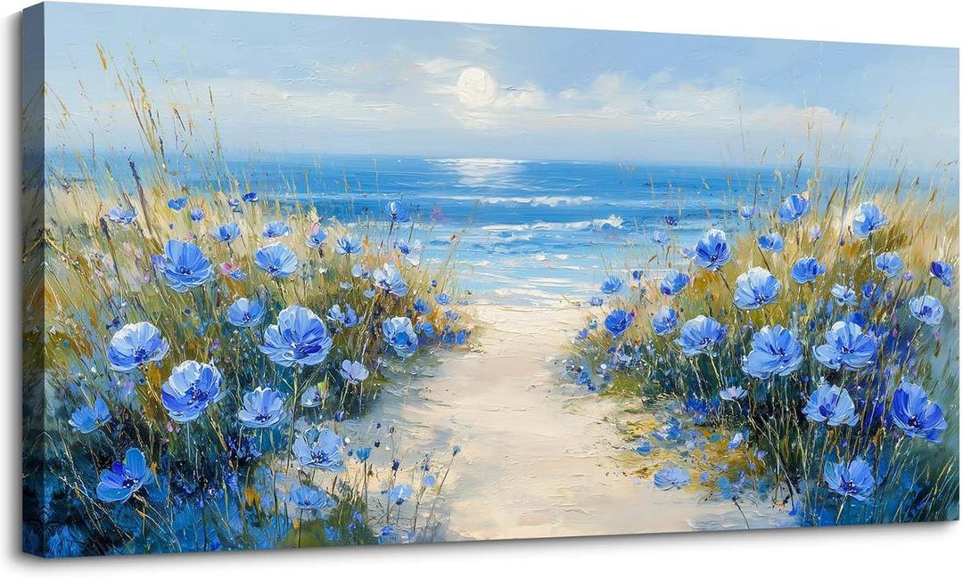 SLYCAY Extra Large Beach Canvas Wall Art, Coastal Sunset Nature Landscape Paintings Blue Flower Ocean Pictures Bathroom Wall Decor Living Room Office Bathroom Home Decor Artwork 24"X48"