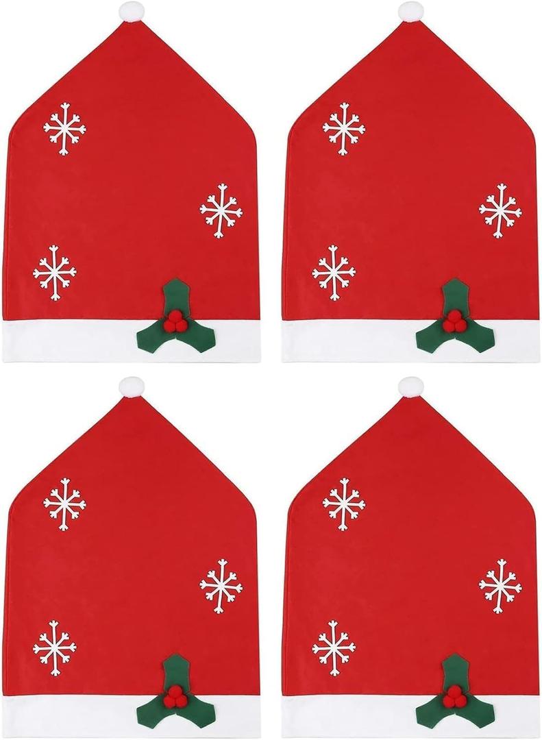 4 Pcs Christmas Chairs Covers Santa Claus Hat Dining Chair Slipcovers Xmas Red Chair Back Covers for Xmas Holiday Festive Decoration (Set of 4. Red)