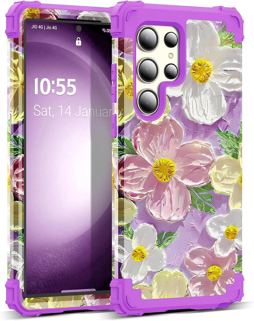 for Galaxy S23 Ultra Case,3 in 1 Oil Painting Flower Pattern Heavy Duty Shockproof Protection Silicone Rubber Bumper+Hard Plastic Protective Cover for Samsung S23 Ultra 6.8",Purple/Pink
