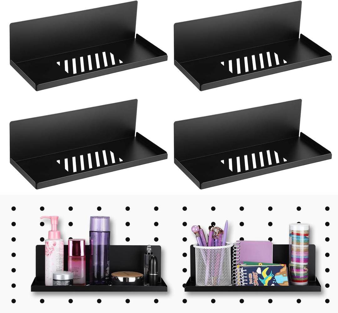 Therwen 4 Pack Magnetic Pegboard Shelves Wall Organizer Metal Pegboard Shelf Steel Tray Accessories Organizing Tools for Craft Home Kitchen(12 x 4.8 x 3.6 Inches,Black)