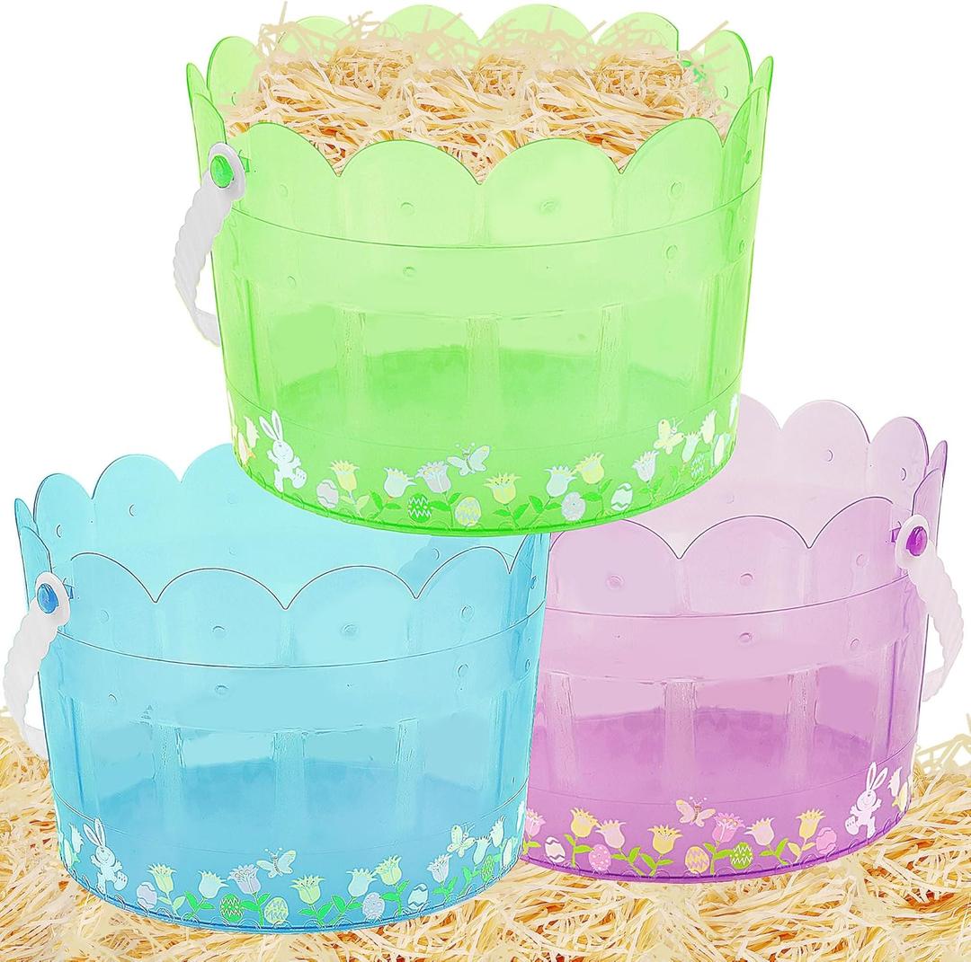 Zcaukya Easter Buckets for Egg Hunt, Set of 3 Clear Kids Easter Baskets with Handles, Empty Plastic Easter Pails for Easter Party Favors, Green, Blue, Purple