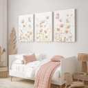 Pink Boho Floral Wall Art Vintage Nursery Wildflower Canvas Wall Decor Watercolor Flower Prints Pink Botanical Poster Butterfly Pictures Gold Floral Painting for Bedroom 16x24 Inch Ready to Hang 3pcs