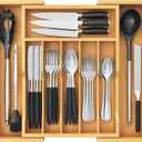Lifewit Silverware Drawer Organizer, Expandable Utensil Tray for Kitchen, Flatware and Cutlery Holder, Wood Adjustable Storage for Spoons Forks Knives, 13-22x15/ 33-56x38cm, Natural