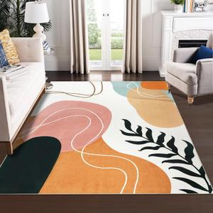 Boho Art Area Rug 5x7 Washable Rug for Living Room Aesthetic Minimalist Mid Century Carpet Soft Non Slip Low Plie Colorful Rugs for Bedroom Dining Room Nursery Modern Home Decor (Pink)