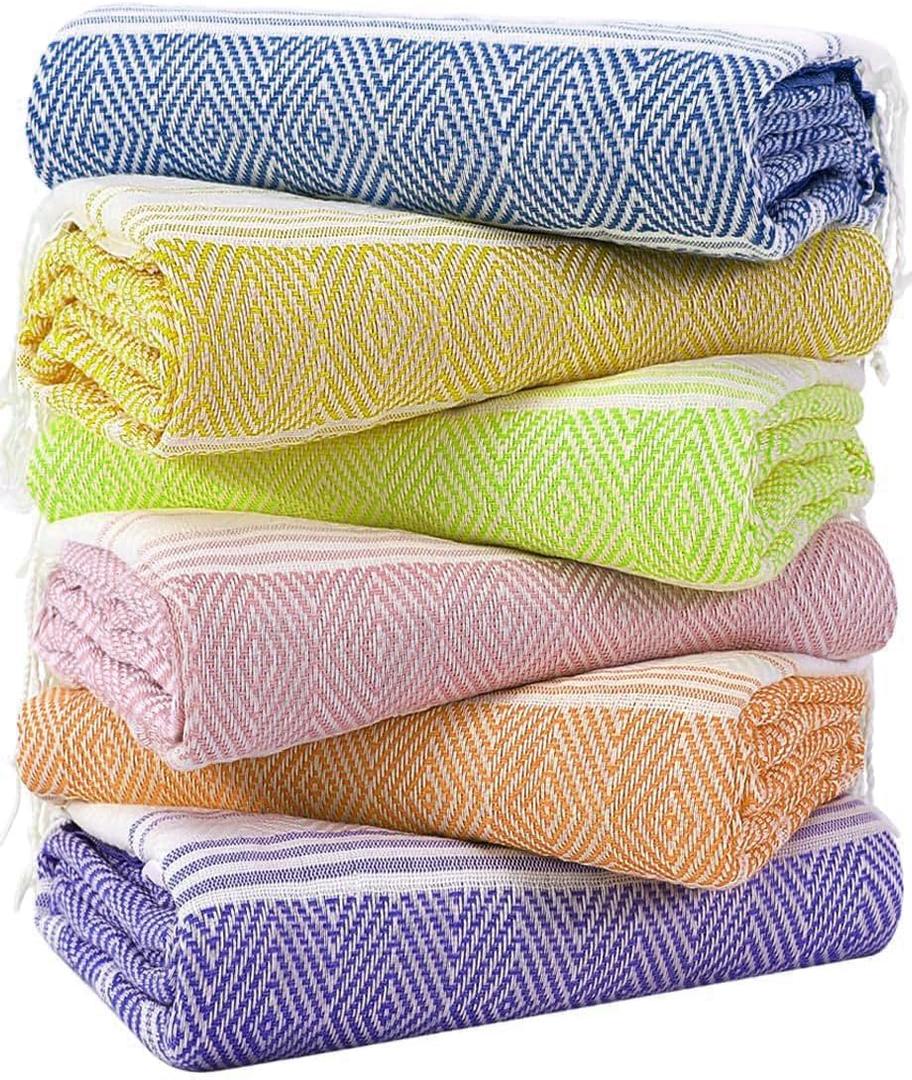 Genovega 6 Packs Oversized Turkish Beach Towels Set Bulk 74"x38" Extra Large Sand Free Quick Dry Swim Bath Camping Pool Towel Travel Blanket Adult Essentials Cruise Accessories Vacation Stuff (Coral Blue Pink Orange Yellow Green)