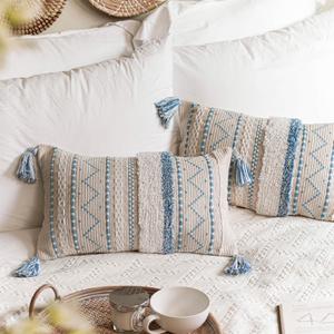 BlissBlush Decorative Lumbar Throw Pillow Covers 12x20 Combo Set of 2 Rectangular Coastal Blue Boho Accent Pillowcase Neutral Farmhouse Cushion for Couch Sofa Bedroom Living Home Dcor Cover ONLY